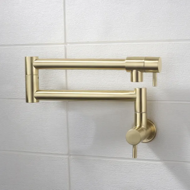 Pot Filler Bathroom Faucet Only Cold Water Stainless Steel, Brushed Golden Nickel Foldable Sink Wall Mount Folding Fill Pot Basin Tap Double Joint Swing Arm Single Hole 2 Handle