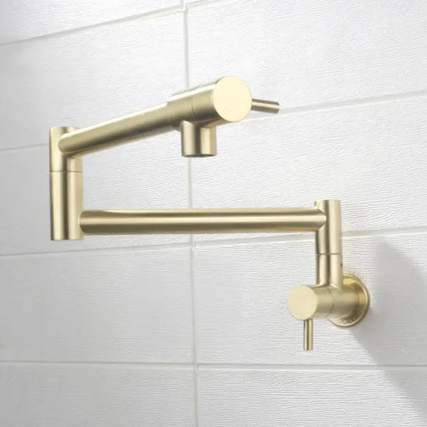 Pot Filler Bathroom Faucet Only Cold Water Stainless Steel, Brushed Golden Nickel Foldable Sink Wall Mount Folding Fill Pot Basin Tap Double Joint Swing Arm Single Hole 2 Handle