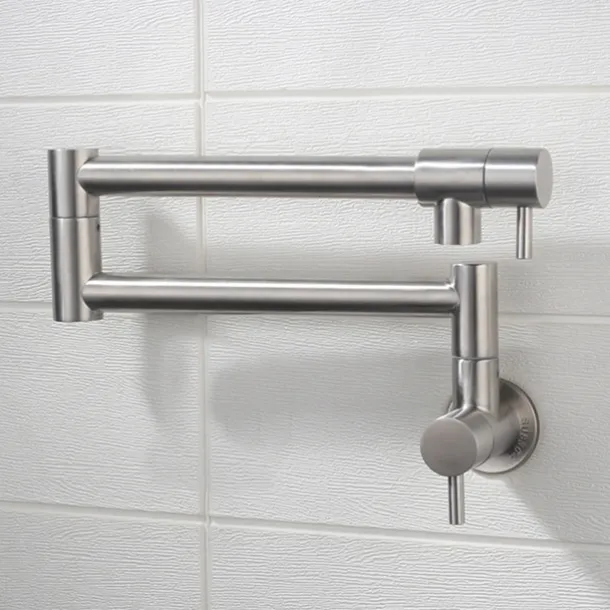 Pot Filler Bathroom Faucet Only Cold Water Stainless Steel, Brushed Golden Nickel Foldable Sink Wall Mount Folding Fill Pot Basin Tap Double Joint Swing Arm Single Hole 2 Handle