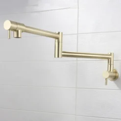 Pot Filler Bathroom Faucet Only Cold Water Stainless Steel, Brushed Golden Nickel Foldable Sink Wall Mount Folding Fill Pot Basin Tap Double Joint Swing Arm Single Hole 2 Handle