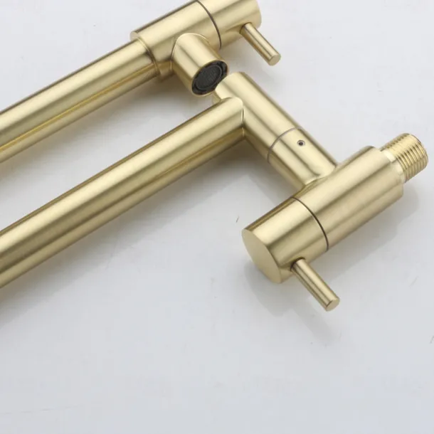 Pot Filler Bathroom Faucet Only Cold Water Stainless Steel, Brushed Golden Nickel Foldable Sink Wall Mount Folding Fill Pot Basin Tap Double Joint Swing Arm Single Hole 2 Handle