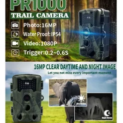 PR1000 Trail Camera 1080P HD Video Wildlife Hunting Cam 16MP Infrared Night Vision PIR Sensor Outdoor IP54 Waterproof Camcorder