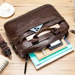 Premium Brown Leather Briefcase - Elegant Business Laptop Bag with Multiple Pockets, Durable for Professional Use and Travel