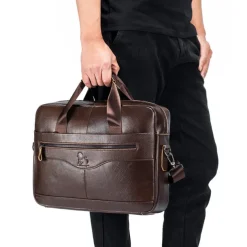 Premium Brown Leather Briefcase - Elegant Business Laptop Bag with Multiple Pockets, Durable for Professional Use and Travel