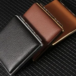 Premium Genuine Leather Cigarette Case, Metal Frame, Magnetic Closure, Elegant Design for Men, Holds 20 Cigarettes
