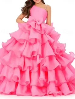 Princess Floor Length Flower Girl Dress Pageant & Performance Girls Cute Prom Dress Chiffon with Bow(s) Tiered Plisse Fit 3-16 Years dress to impress
