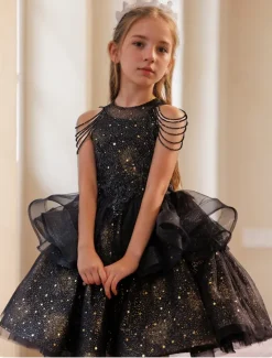 Princess Knee Length Flower Girl Dress Pageant & Performance Girls Cute Prom Dress Sequined with Solid Color Tiered Plisse Fit 3-16 Years