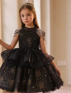 Princess Knee Length Flower Girl Dress Pageant & Performance Girls Cute Prom Dress Sequined with Solid Color Tiered Plisse Fit 3-16 Years