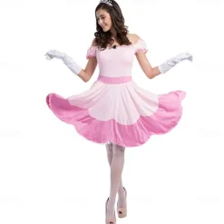 Princess Peach Cosplay Costume 3 PCS Super Bros Dress Tiara Gloves Adults' Women's Outfits Sexy Costume Halloween Masquerade Easy Halloween Costumes