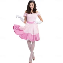 Princess Peach Cosplay Costume 3 PCS Super Bros Dress Tiara Gloves Adults' Women's Outfits Sexy Costume Halloween Masquerade Easy Halloween Costumes