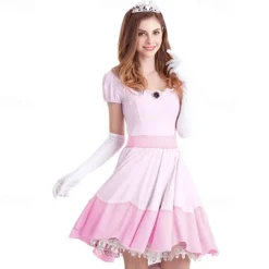 Princess Peach Super Brothers Cosplay Costume Halloween Group Couples Costumes Adults' Men's Women's Cosplay Costumes Halloween Carnival Masquerade Easy Carnival Costume