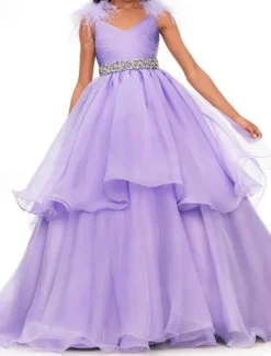 Princess Sweep / Brush Train Flower Girl Dress Quinceanera Juniors Cute Prom Dress Organza with Feathers / Fur Tiered Plisse Fit 3-16 Years dress to impress