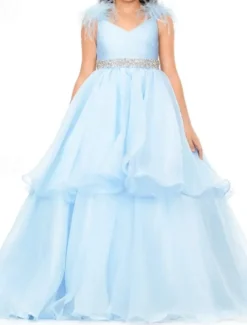 Princess Sweep / Brush Train Flower Girl Dress Quinceanera Juniors Cute Prom Dress Organza with Feathers / Fur Tiered Plisse Fit 3-16 Years dress to impress