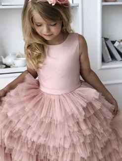 Princess Sweep / Brush Train Flower Girl Dress Quinceanera Girls Cute Prom Dress Satin with Bow(s) Open Back Tiered Plisse Fit 3-16 Years dress to impress