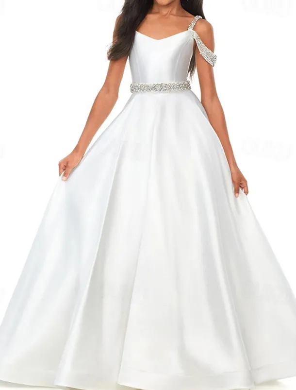 Princess Sweep / Brush Train Flower Girl Dress Pageant & Performance Juniors Cute Prom Dress Satin with Beading Elegant Fit 3-16 Years dress to impress