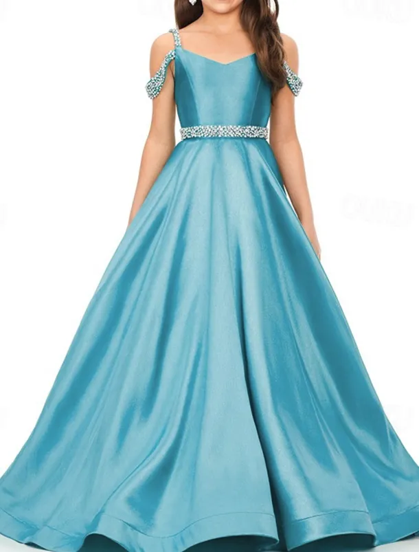 Princess Sweep / Brush Train Flower Girl Dress Pageant & Performance Juniors Cute Prom Dress Satin with Beading Elegant Fit 3-16 Years dress to impress