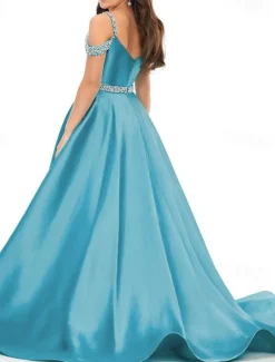 Princess Sweep / Brush Train Flower Girl Dress Pageant & Performance Juniors Cute Prom Dress Satin with Beading Elegant Fit 3-16 Years dress to impress