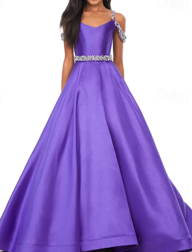 Princess Sweep / Brush Train Flower Girl Dress Pageant & Performance Juniors Cute Prom Dress Satin with Beading Elegant Fit 3-16 Years dress to impress