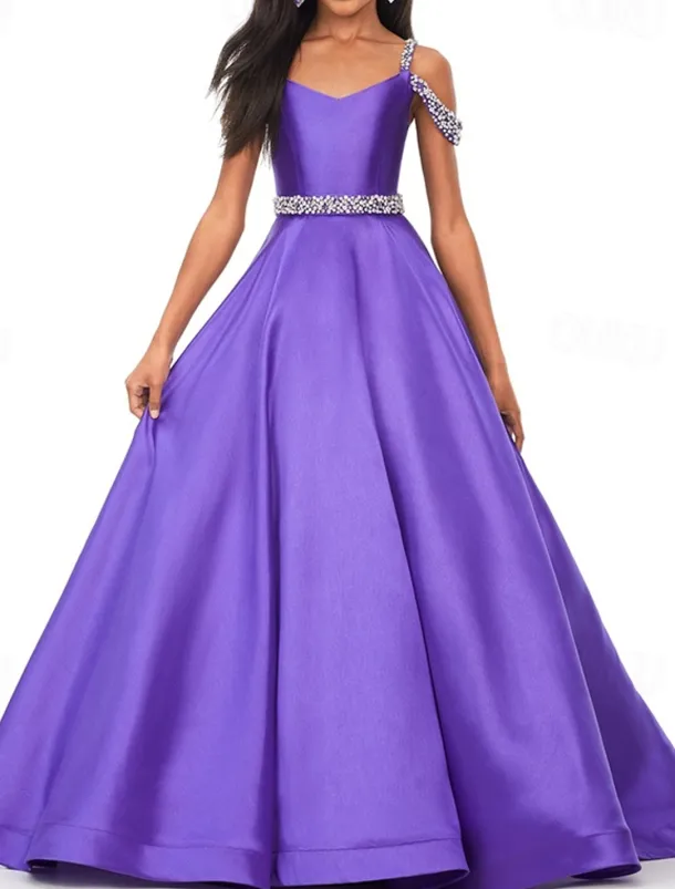 Princess Sweep / Brush Train Flower Girl Dress Pageant & Performance Juniors Cute Prom Dress Satin with Beading Elegant Fit 3-16 Years dress to impress