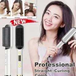 Professional Hair Straightener Curling Comb Hair Comb Hair Straightener Brush Electric Rod Hot Comb Hair Brush Professional Hot Heating Hair Comb Brush Straightening Curler Brush Styling Tool