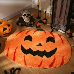 Pumpkin Bathroom Rugs for Happy Halloween, Cute Pumpkin Shaped Rugs, Machine Washable Orange Bath Rugs, Tub Living Bedroom Kids Room Kitchen Decoration, Area Rugs Gift
