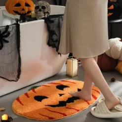 Pumpkin Bathroom Rugs for Happy Halloween, Cute Pumpkin Shaped Rugs, Machine Washable Orange Bath Rugs, Tub Living Bedroom Kids Room Kitchen Decoration, Area Rugs Gift