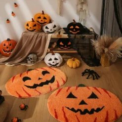 Pumpkin Bathroom Rugs for Happy Halloween, Cute Pumpkin Shaped Rugs, Machine Washable Orange Bath Rugs, Tub Living Bedroom Kids Room Kitchen Decoration, Area Rugs Gift