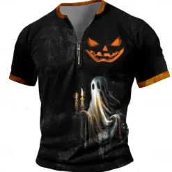 Pumpkin Boo Retro Vintage Men's 3D Print T shirt Tee Street Casual Daily Halloween T shirt Black Short Sleeve Half Zip Shirt Summer Spring Clothing Apparel S M L XL XXL XXXL