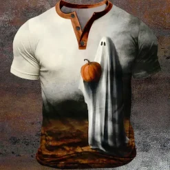 Pumpkin Reaper Boo Designer Retro Vintage Men's 3D Print T shirt Tee Henley Shirt Street Casual Daily Halloween T shirt Khaki Short Sleeve Henley Shirt Summer Spring Clothing Apparel S M L XL XXL XXXL