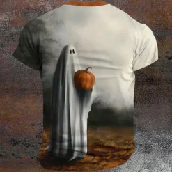Pumpkin Reaper Boo Designer Retro Vintage Men's 3D Print T shirt Tee Henley Shirt Street Casual Daily Halloween T shirt Khaki Short Sleeve Henley Shirt Summer Spring Clothing Apparel S M L XL XXL XXXL