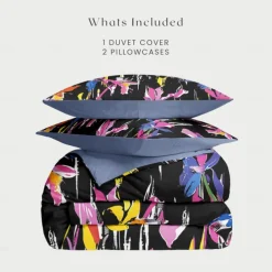 Purple Black Floral Series Duvet Cover Set King Queen Size 3-Piece Set Microfiber Bedding Set Perfect for Mother's Day Gift Super Soft Skin Friendly Long Lasting