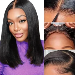Put On and Go Glueless Wigs Bob Human Hair Pre Plucked Bob Wig Human Hair Glueless Wigs for Beginners Pre Cut Straight Short Bob Wig 4x4 HD Lace Closure Wigs for Black Women Natural Color