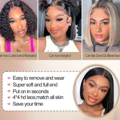 Put On and Go Glueless Wigs Bob Human Hair Pre Plucked Bob Wig Human Hair Glueless Wigs for Beginners Pre Cut Straight Short Bob Wig 4x4 HD Lace Closure Wigs for Black Women Natural Color