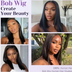 Put On and Go Glueless Wigs Bob Human Hair Pre Plucked Bob Wig Human Hair Glueless Wigs for Beginners Pre Cut Straight Short Bob Wig 4x4 HD Lace Closure Wigs for Black Women Natural Color