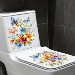 PVC Flower Butterfly Toilet Cover Toilet Tank Decoration Stickers, Waterproof Self-adhesive Removable Bathroom Wall Stickers, Modern Home Decoration