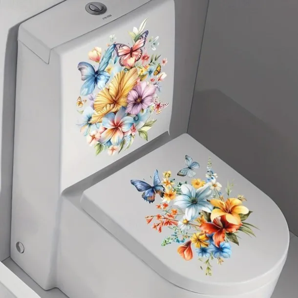 PVC Flower Butterfly Toilet Cover Toilet Tank Decoration Stickers, Waterproof Self-adhesive Removable Bathroom Wall Stickers, Modern Home Decoration
