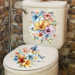 PVC Flower Butterfly Toilet Cover Toilet Tank Decoration Stickers, Waterproof Self-adhesive Removable Bathroom Wall Stickers, Modern Home Decoration