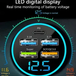 QC3.0 Car Charge 66W Super Fast Charge Digital Display Dar Charge PD20W Dual USB Car Charger