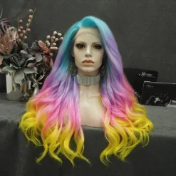 Rainbow Synthetic Wigs Colorful Natural Wave Synthetic Wig for Drag Queen Mermaid Cosplay Party 26 inches Halloween Wigs