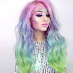 Rainbow Synthetic Wigs Colorful Natural Wave Synthetic Wig for Drag Queen Mermaid Cosplay Party 26 inches Halloween Wigs