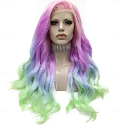 Rainbow Synthetic Wigs Colorful Natural Wave Synthetic Wig for Drag Queen Mermaid Cosplay Party 26 inches Halloween Wigs