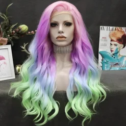 Rainbow Synthetic Wigs Colorful Natural Wave Synthetic Wig for Drag Queen Mermaid Cosplay Party 26 inches Halloween Wigs