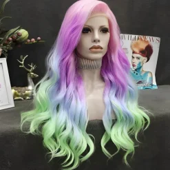 Rainbow Synthetic Wigs Colorful Natural Wave Synthetic Wig for Drag Queen Mermaid Cosplay Party 26 inches Halloween Wigs
