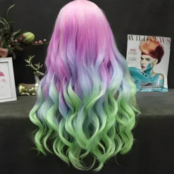 Rainbow Synthetic Wigs Colorful Natural Wave Synthetic Wig for Drag Queen Mermaid Cosplay Party 26 inches Halloween Wigs