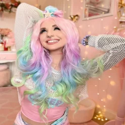 Rainbow Synthetic Wigs Colorful Natural Wave Synthetic Wig for Drag Queen Mermaid Cosplay Party 26 inches Halloween Wigs