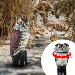 Realistic Fake Owl Decoy with Shaking Head for Garden Yard Outdoor Bird Deterrent 360 Rotation No Power Required Pest Control Sculpture