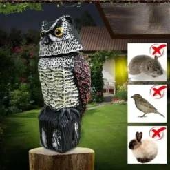 Realistic Fake Owl Decoy with Shaking Head for Garden Yard Outdoor Bird Deterrent 360 Rotation No Power Required Pest Control Sculpture