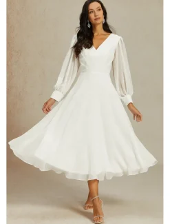 Reception Little White Dresses Wedding Dresses A-Line V Neck Long Sleeve Ankle Length Chiffon Bridal Gowns With Solid Color 2025
