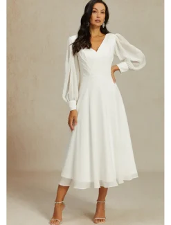 Reception Little White Dresses Wedding Dresses A-Line V Neck Long Sleeve Ankle Length Chiffon Bridal Gowns With Solid Color 2025