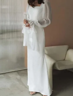 Reception Little White Dresses Wedding Dresses Sheath / Column Square Neck Long Sleeve Floor Length Chiffon Bridal Gowns With Bow(s) Solid Color